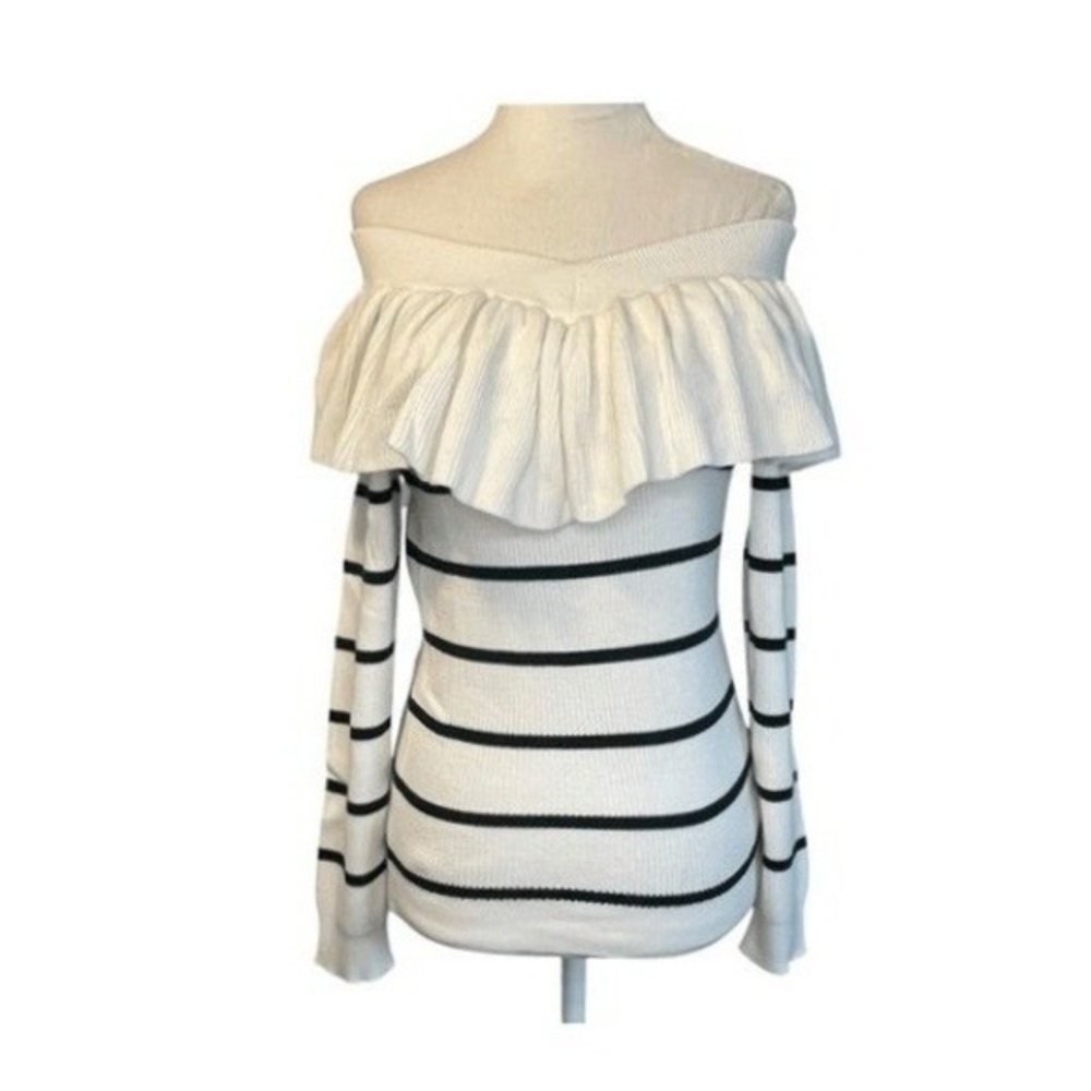 Chaser Ruffle Striped Off The Shoulder Sweater Cream Black Ribbed Knit Long Slee